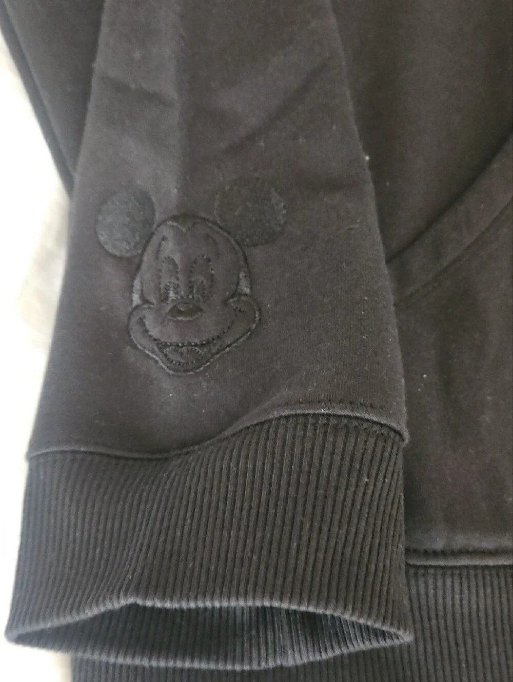 Disney Men's Black Crewneck Hoodie with White Mickey Peace-Hand Patch